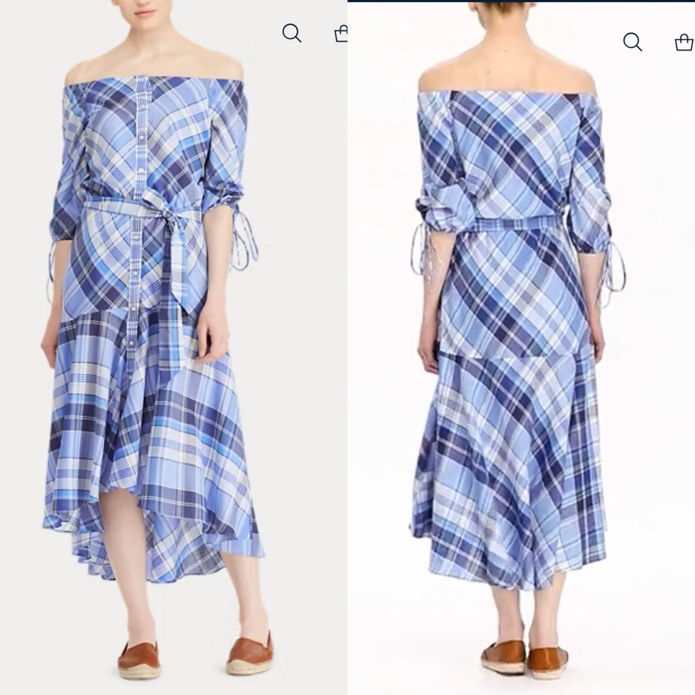 Lauren Ralph Lauren Plaid Off Shoulder Dress Multicolor Madras Plaid Dress 10 - Picture 3 of 16